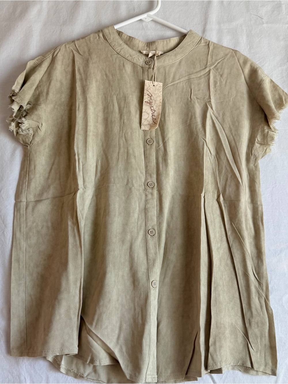 Mystree Olive Button-Neck Linen Blouse(D0002)